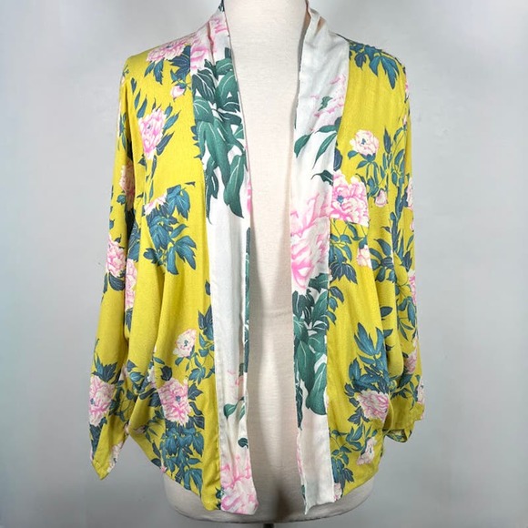 Anthropologie Elma Floral Kimono Top One Size Yellow Green Pink Open Front Boho - Picture 4 of 8